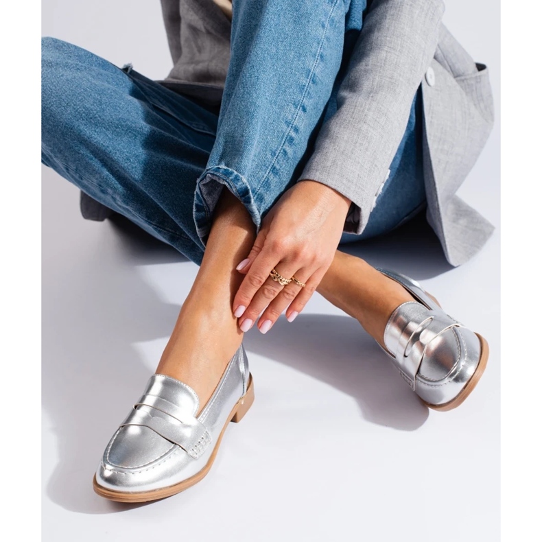 Damskie mokasyny ze skóry ekologicznej srebrne Shelovet srebrny 2