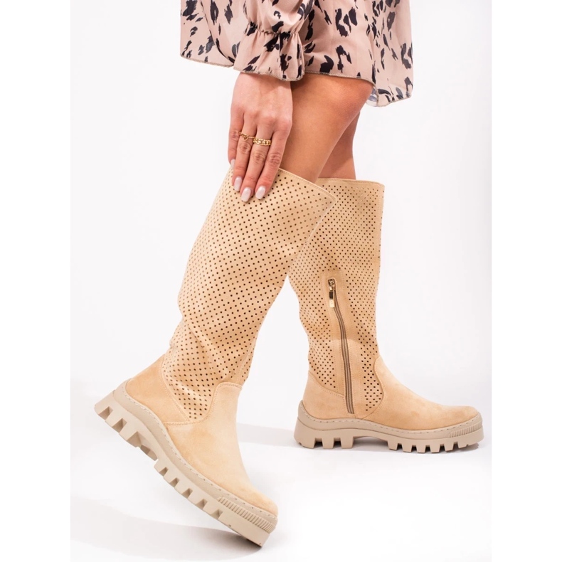 W. Potocki Zamszowe ażurowe kozaki Potocki beżowy 1