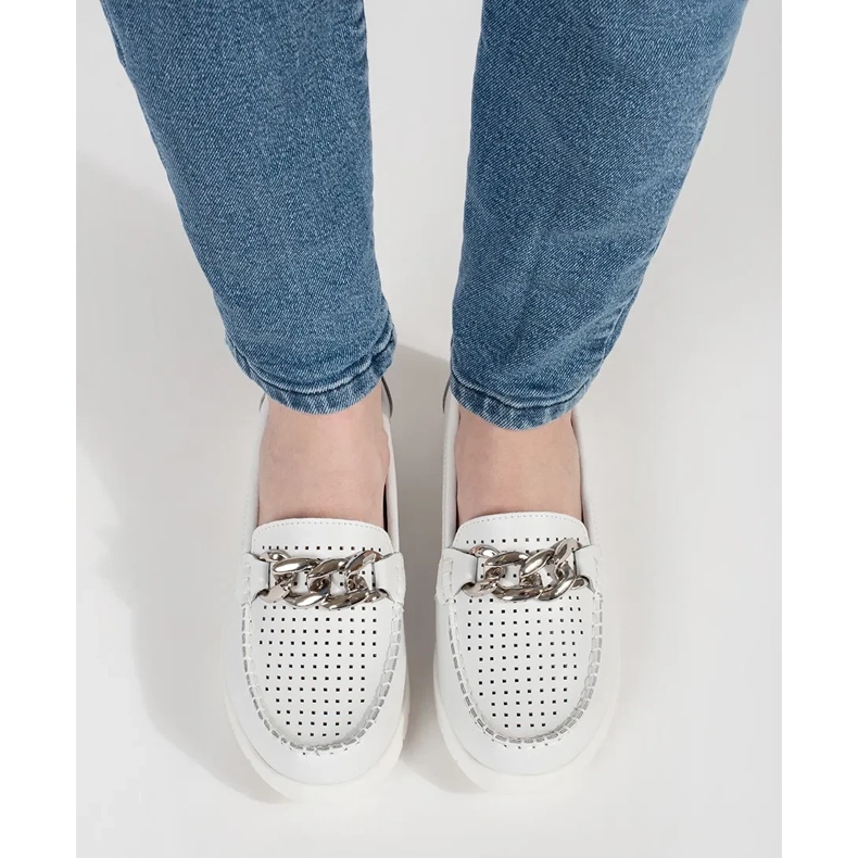 Goodin Skórzane białe mokasyny z łańcuchem na platformie 1