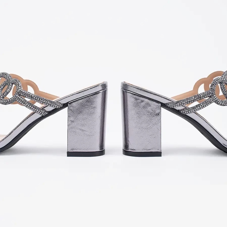 Srebrne klapki na obcasie Sergio Leone z cyrkoniami srebrny 1