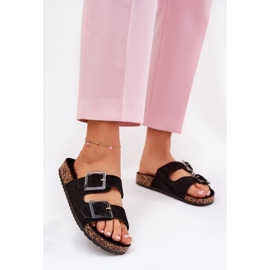 Klapki Damskie Z Klamrami Na Korkowej Podeszwie Czarne 2