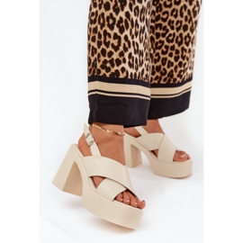 Sandały Damskie Na Słupku I Platformie Z Eko Skóry Jasnobeżowe beżowy 2
