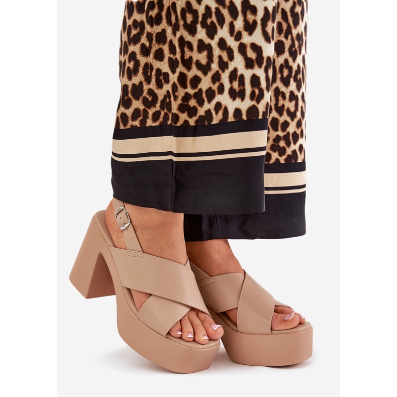 Sandały Damskie Na Słupku I Platformie Z Eko Skóry Khaki beżowy 1