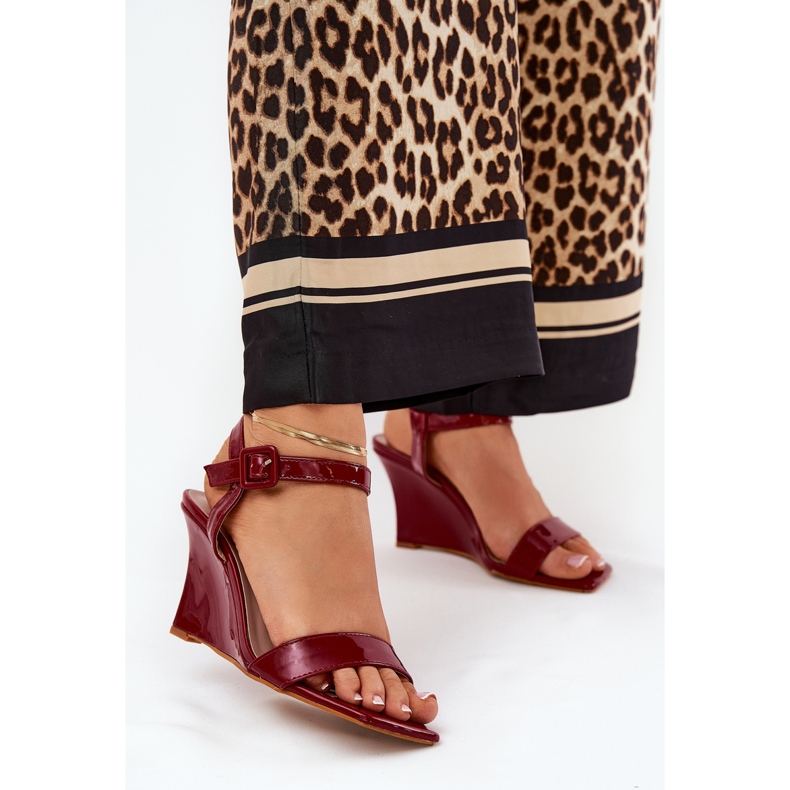 Lakierowane Sandały Damskie Na Koturnie Bordowe czerwone 2