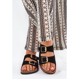 Klapki Damskie Na Korkowej Platformie Ze Złotymi Klamrami Czarne 2