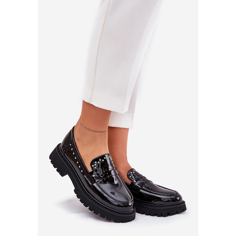 Mokasyny Damskie Lakierowane Ze Zdobieniem Czarne 1