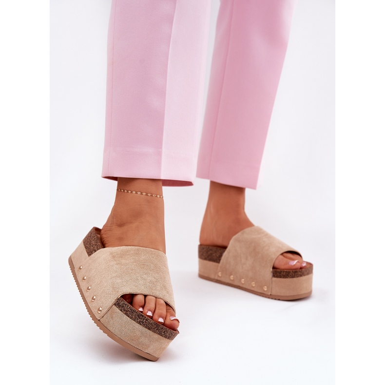 Klapki Damskie Na Masywnej Platformie Eko Zamszowe Khaki beżowy 2