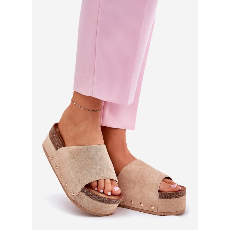 Klapki Damskie Na Masywnej Platformie Eko Zamszowe Khaki beżowy 1