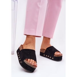 Klapki Damskie Na Masywnej Platformie Eko Zamszowe Czarne 2