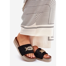 Klapki Damskie Ze Złotym Detalem Na Platformie Z Brokatem Czarne 1