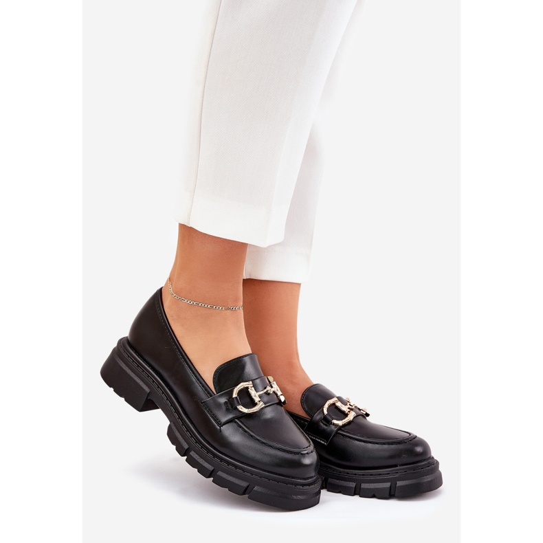 Mokasyny Damskie Eko Skórzane Ze Złotym Detalem Czarne 1
