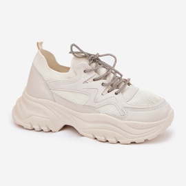 Sneakersy Damskie Na Platformie Ozdobnym Sznurowaniem Beżowe beżowy 4