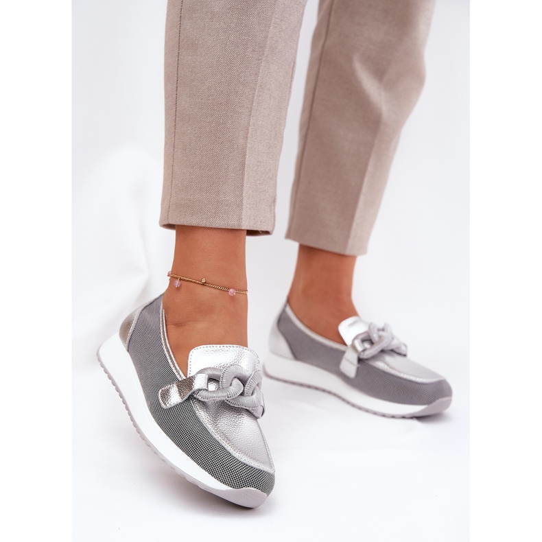 S.Barski Skórzane Mokasyny Damskie Z Ozdobą LR51-966 Srebrne srebrny 2