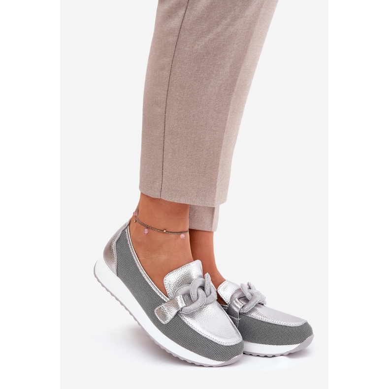 S.Barski Skórzane Mokasyny Damskie Z Ozdobą LR51-966 Srebrne srebrny 1