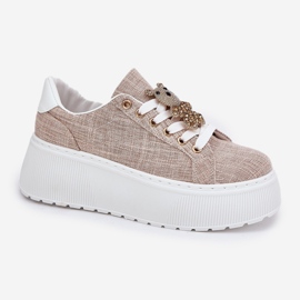 Sneakersy Na Platformie Z Przypinką Miś S.Barski BF51-014 Beżowe beżowy 4