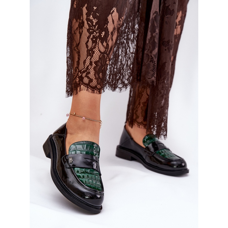 Lakierowane Skórzane Mokasyny Damskie Vinceza 91125 Zielono-Czarne 2