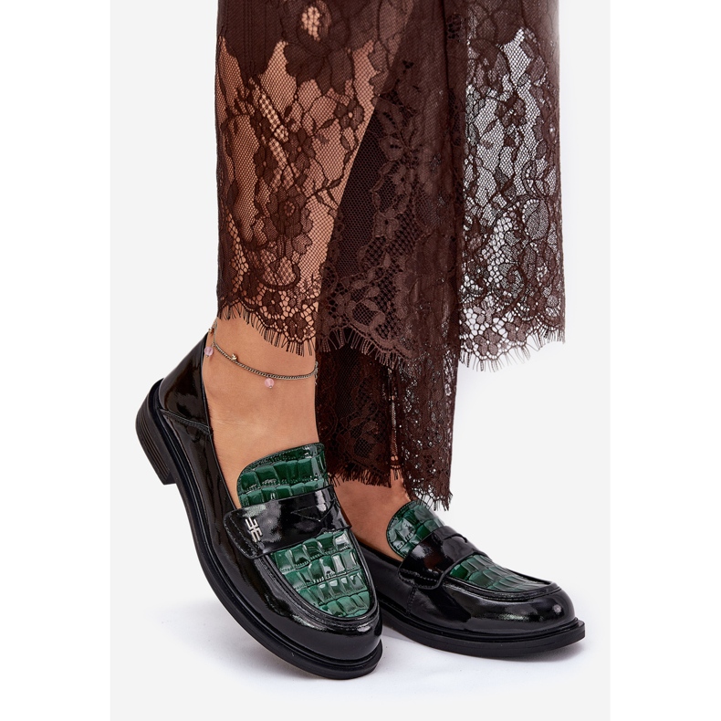 Lakierowane Skórzane Mokasyny Damskie Vinceza 91125 Zielono-Czarne 1