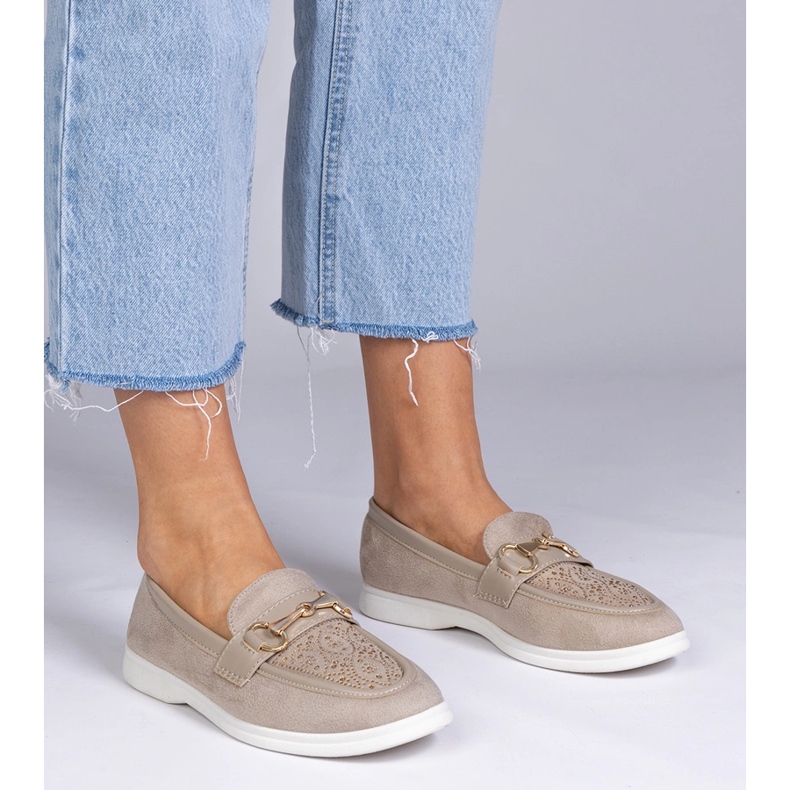 Kremowe mokasyny z ekozamszu z cyrkoniami kremowy 1