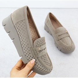 Mokasyny damskie na koturnie ażurowe khaki Potocki 12608 beżowy 1