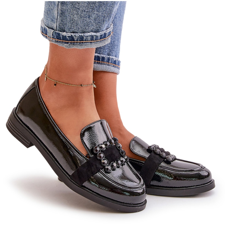 Lakierowane Mokasyny Damskie Z Ozdobą Czarne Vinceza 58389 4