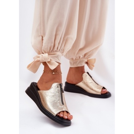 Klapki Damskie Na Koturnie Z Zamkiem Złote złoty 2