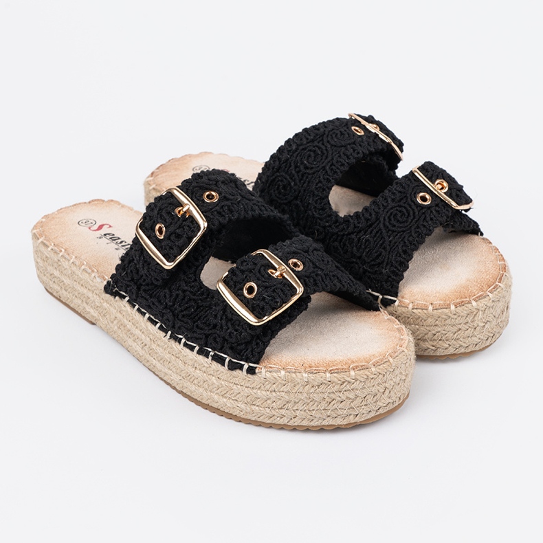 Seastar Klapki czarne plecione na platformie z klamrami 1