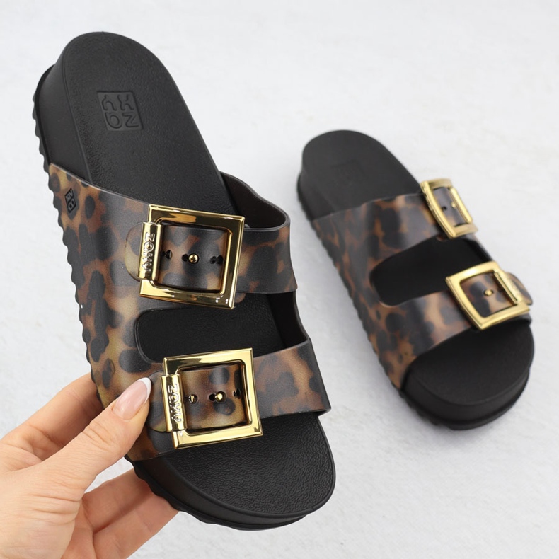 Klapki damskie z klamrami plażowe basenowe w panterkę brązowe Zaxy RR285059 1