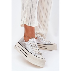 Skórzane Trampki Damskie Na Platformie GOE RR2N4108 Srebrne srebrny 2