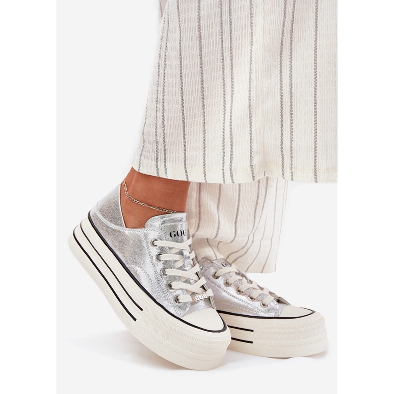 Skórzane Trampki Damskie Na Platformie GOE RR2N4108 Srebrne srebrny 1