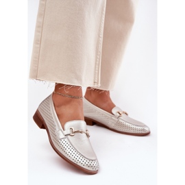 Skórzane Mokasyny Damskie Z Ozdobą Na Płaskim Obcasie S.Barski LR51-594 Srebrne srebrny 2