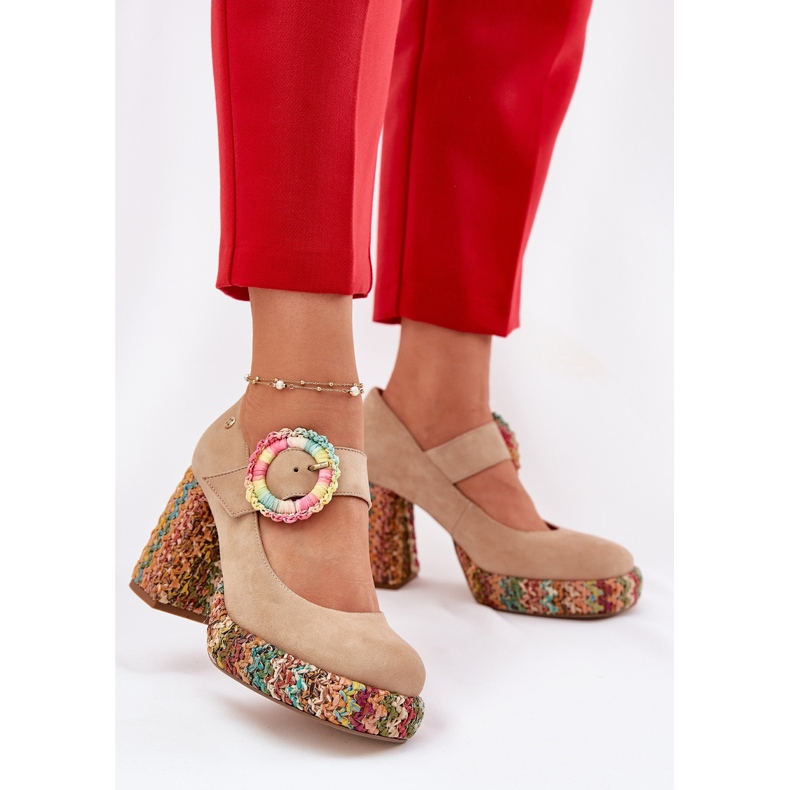 Zamszowe Czółenka Z Plecionką Na Słupku I Platformie Maciejka 06839-04 Beżowe beżowy 2