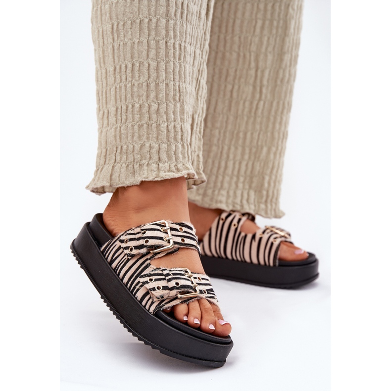 Inna Klapki Damskie Z Klamrami Na Platformie Zebra białe 2