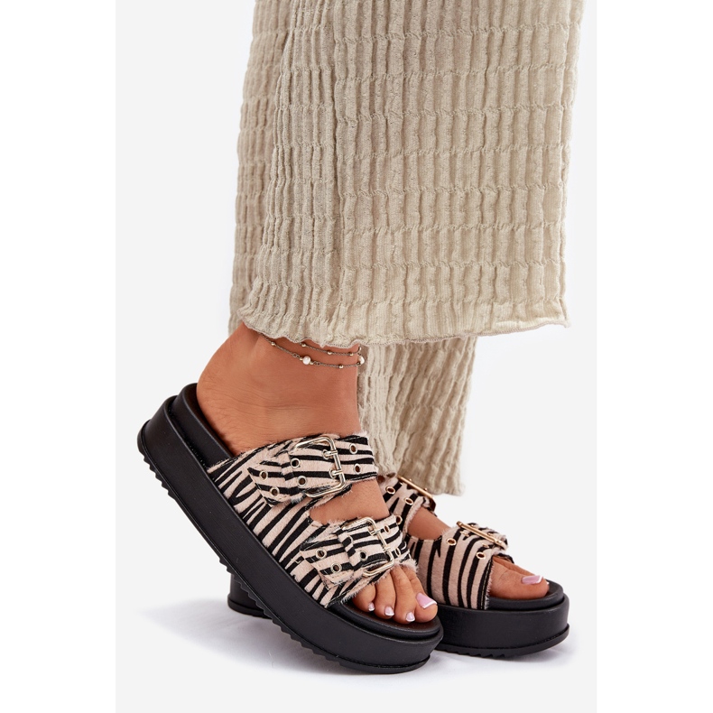 Inna Klapki Damskie Z Klamrami Na Platformie Zebra białe 1