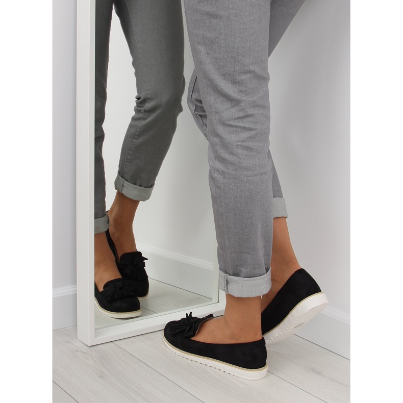 Mokasyny damskie z frędzelkami czarne 7214 Black 1