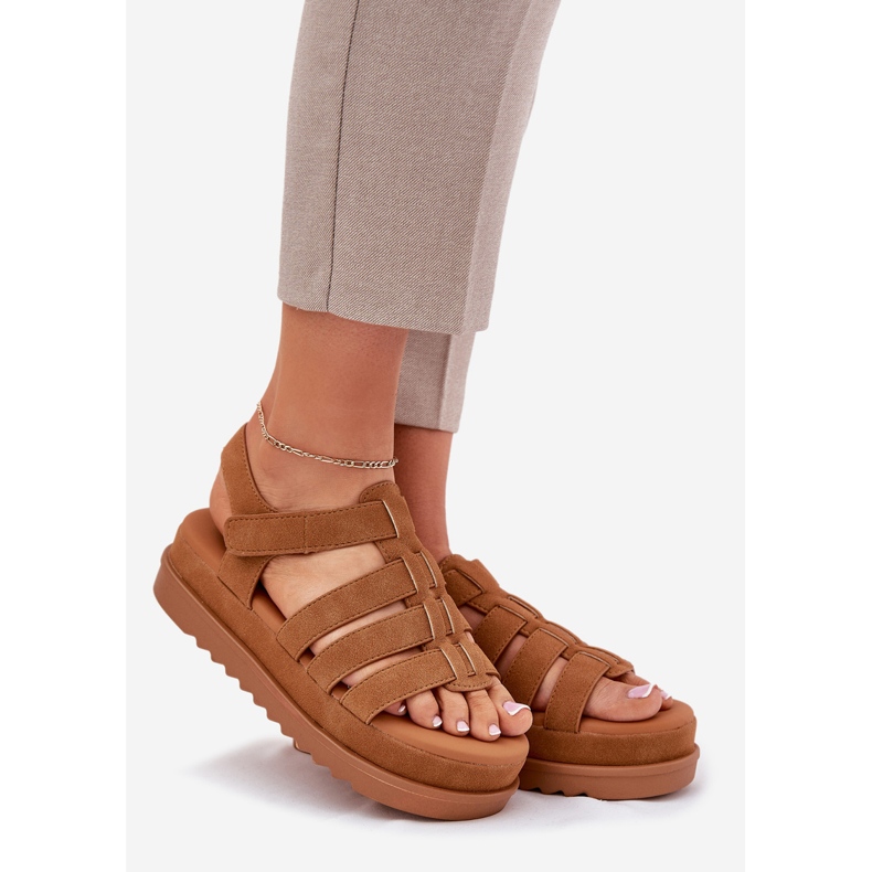 Inna Sandały Damskie Na Platformie Eko Zamszowe Camel brązowe 1