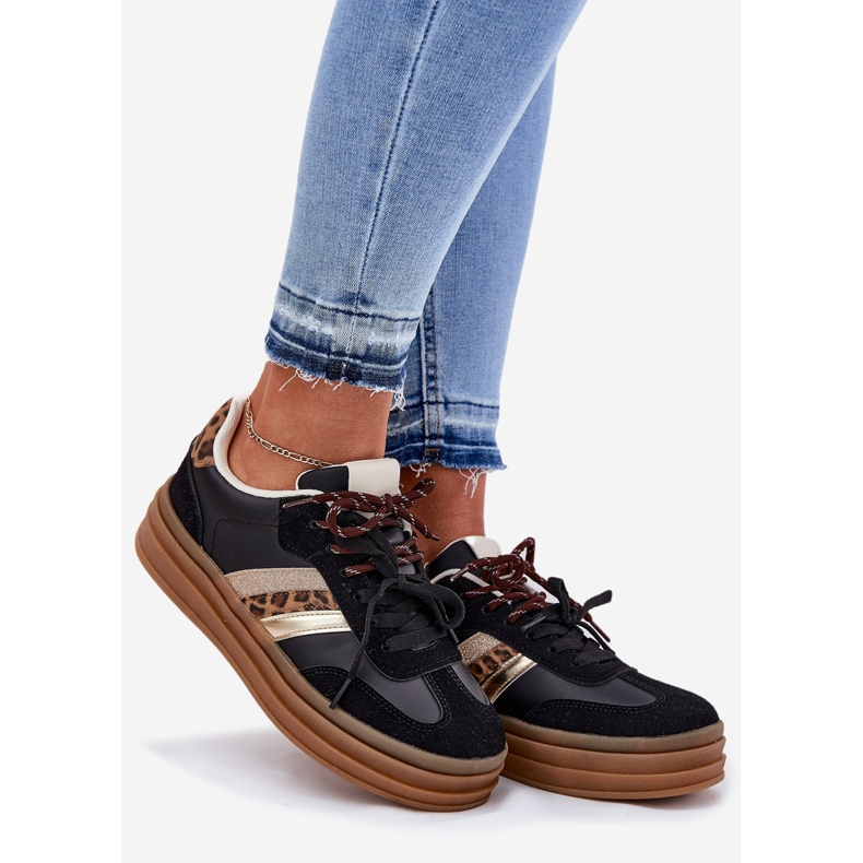 Inna Sneakersy Damskie Na Platformie Z Podwójnym Sznurowaniem Panterka Czarne 1
