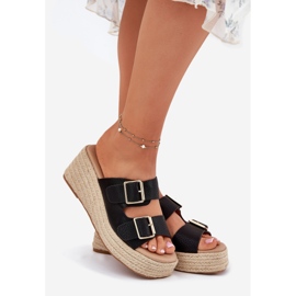 Inna Klapki Damskie Na Koturnie Z Plecionką I Klamrami Czarne 1