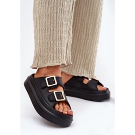 Inna Klapki Damskie Na Platformie Ze Złotymi Klamrami Czarne 2