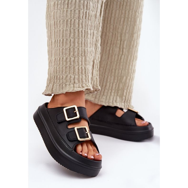 Inna Klapki Damskie Na Platformie Ze Złotymi Klamrami Czarne 2