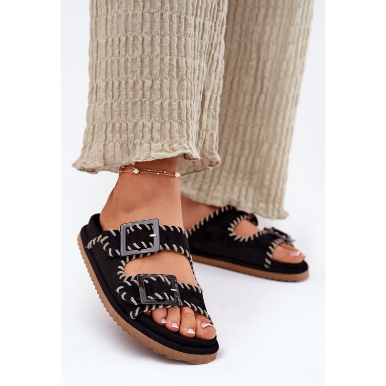 Inna Klapki Damskie Z Klamrami I Ozdobnym Obszyciem Czarne 2