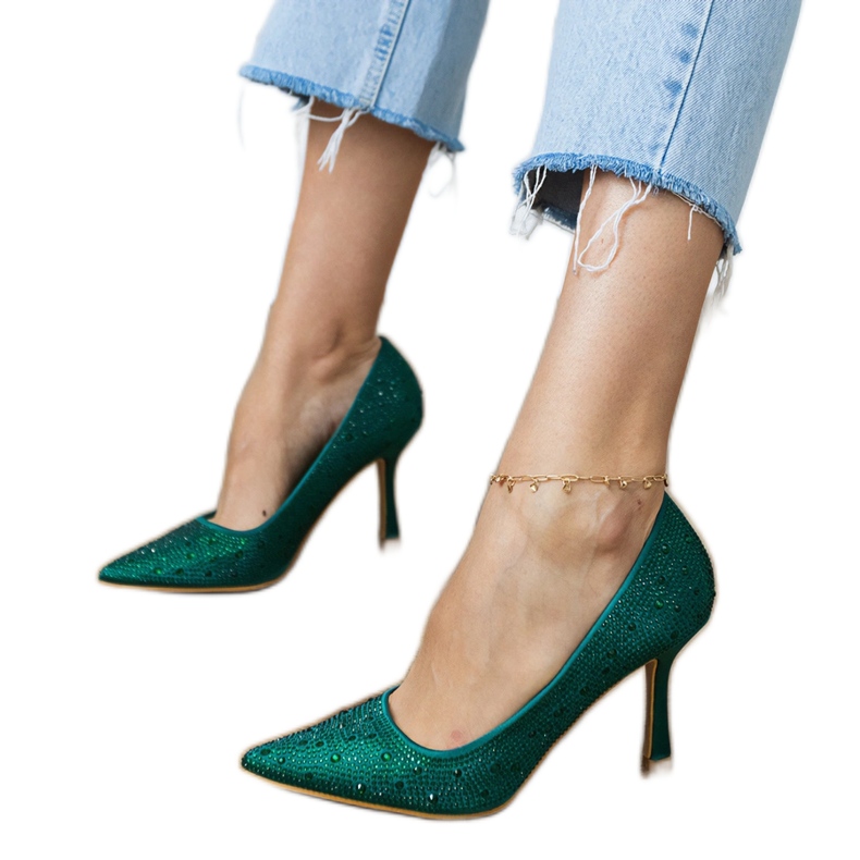 Zielone czółenka satynowe z cyrkoniami 1