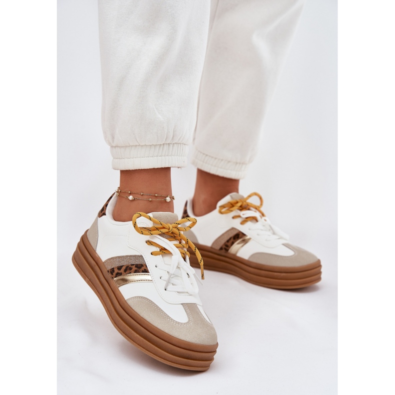 Sneakersy Damskie Na Platformie Z Podwójnym Sznurowaniem Panterka Białe 2