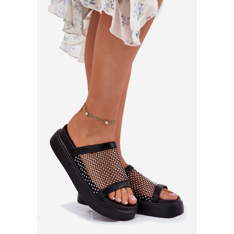 Zdobione Klapki Damskie Na Platformie Z Siateczką S.Barski MY51-016 Czarne 1