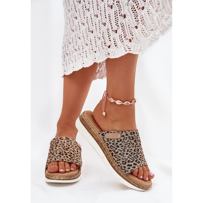 Klapki Damskie Na Koturnie Panterka brązowe 2