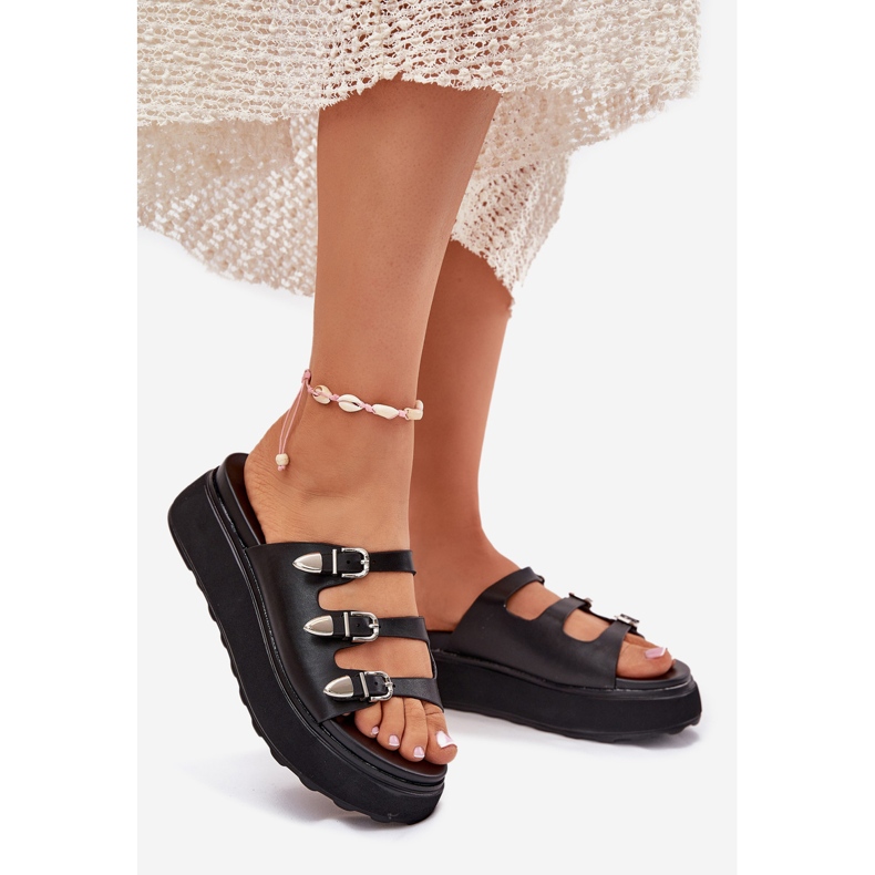 Klapki Damskie Na Platformie Z Paskami Czarne 1