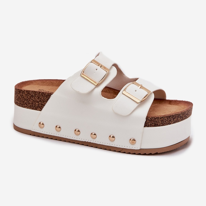 Klapki Damskie Z Klamrami Na Masywnej Platformie Białe 1