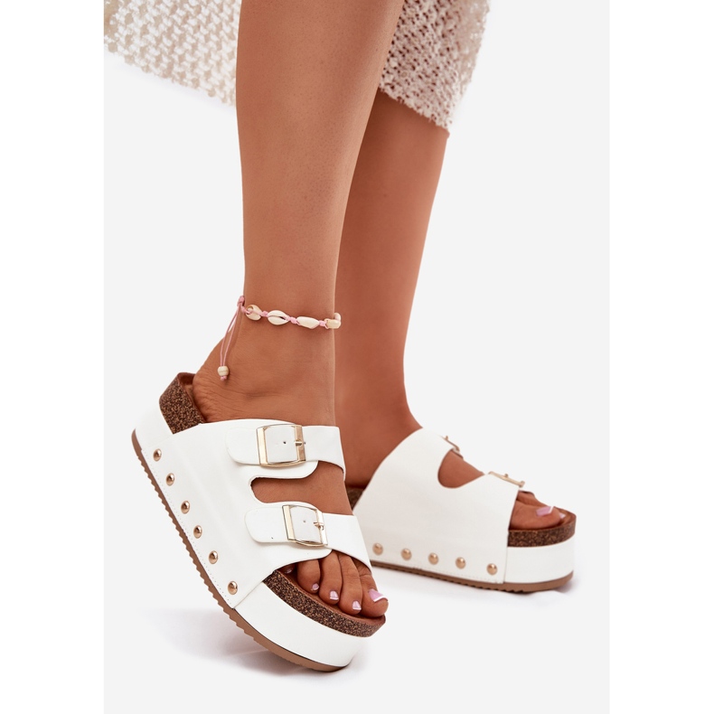 Klapki Damskie Z Klamrami Na Masywnej Platformie Białe 2