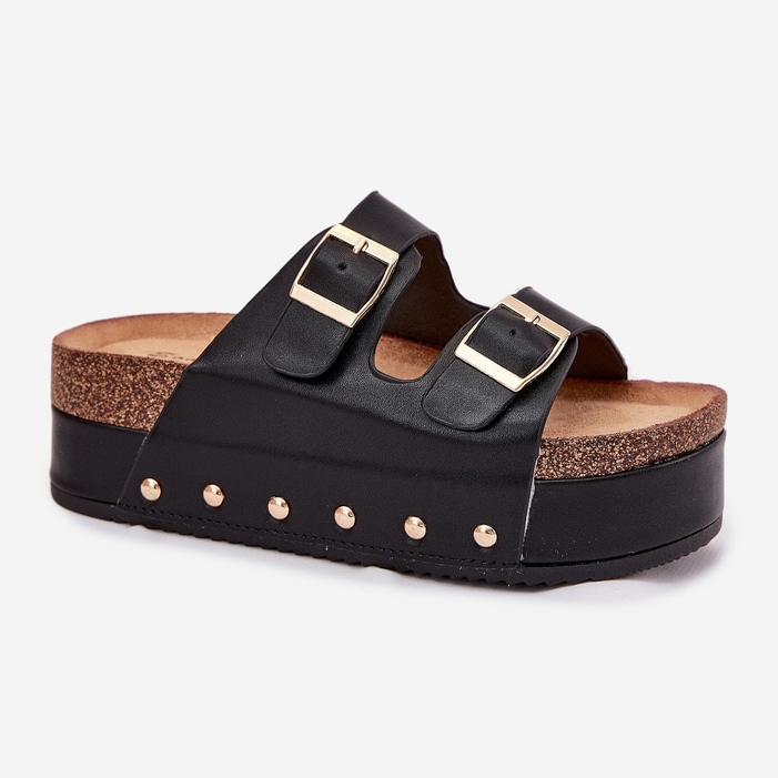 Klapki Damskie Z Klamrami Na Masywnej Platformie Czarne 1