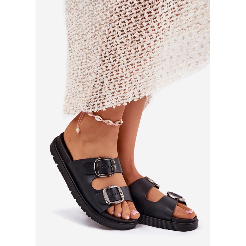 Klapki Damskie Z Klamrami Na Platformie Czarne 1