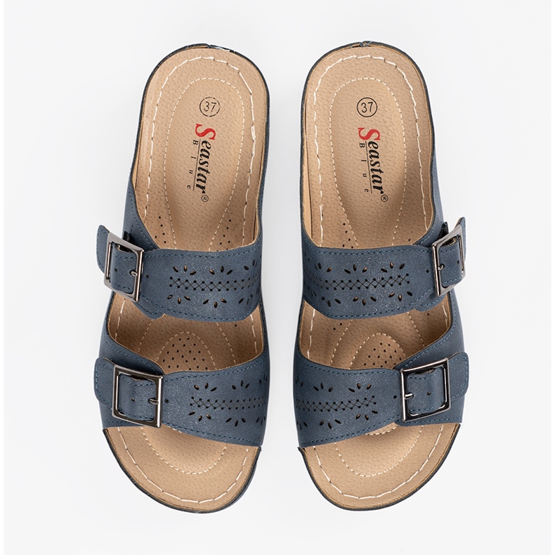 Seastar Klapki na niskim koturnie z klamrami niebieskie 1